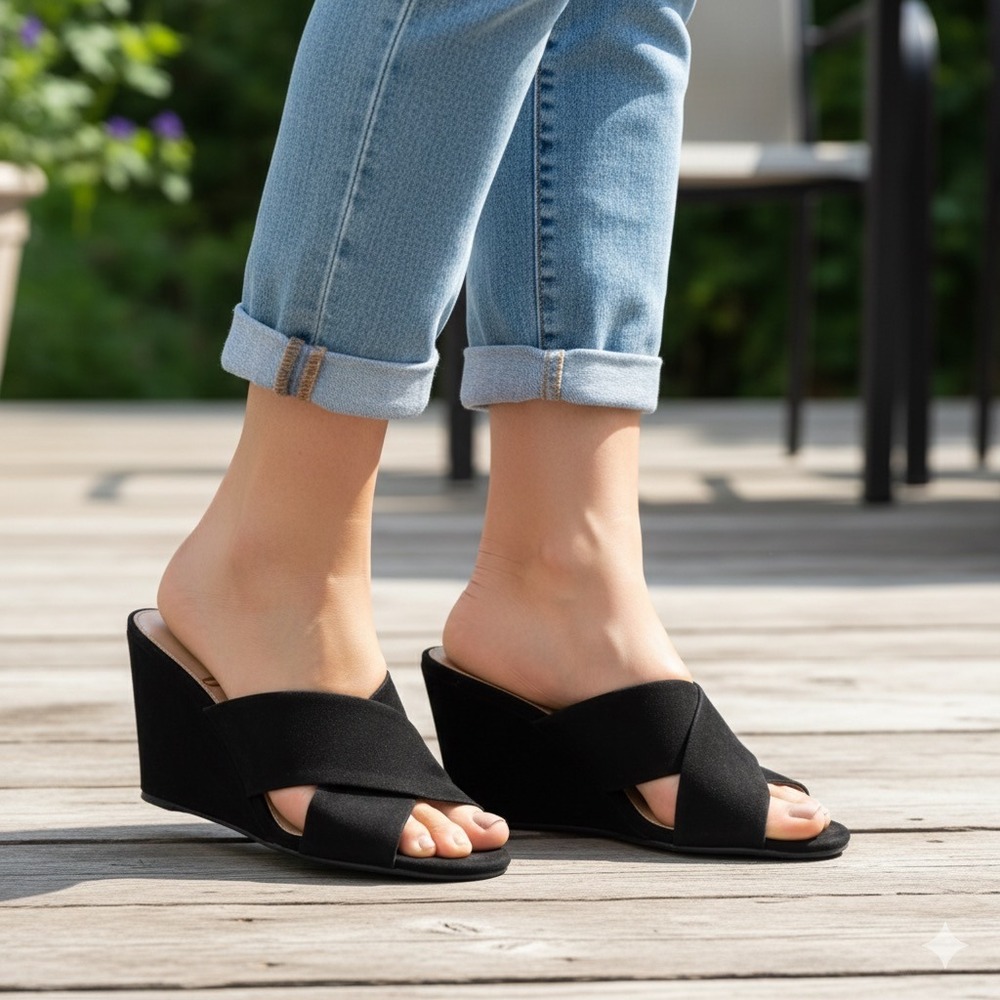 Sam Edelman Nahla Suede Leather Wedge Sandals Women 8.5 Black Slip‎ On 4" Heel